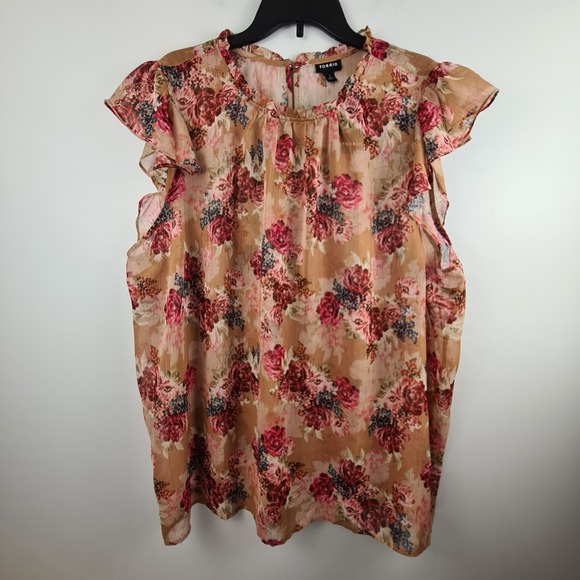 torrid Tops - Torrid Women Plus 3 3X Tan Red Floral Chiffon Flutter Sleeve Metallic Blouse NEW